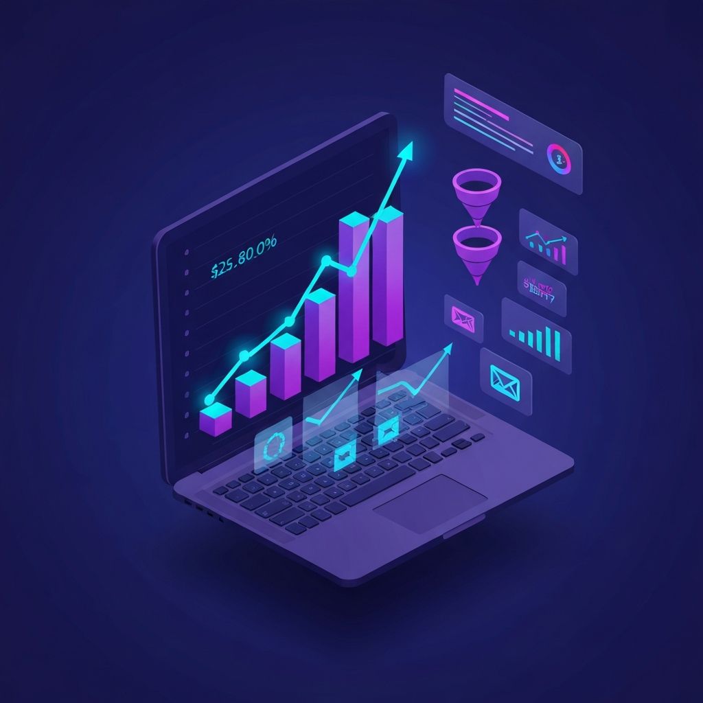Growth marketing dashboard illustration with rising charts and data visualizations